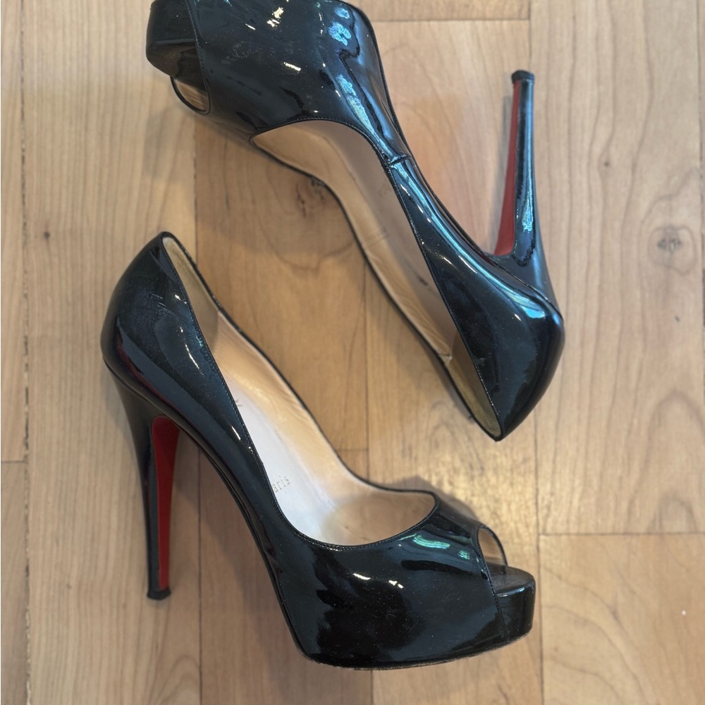Christian Louboutin Black Patent Peep-Toe Heels